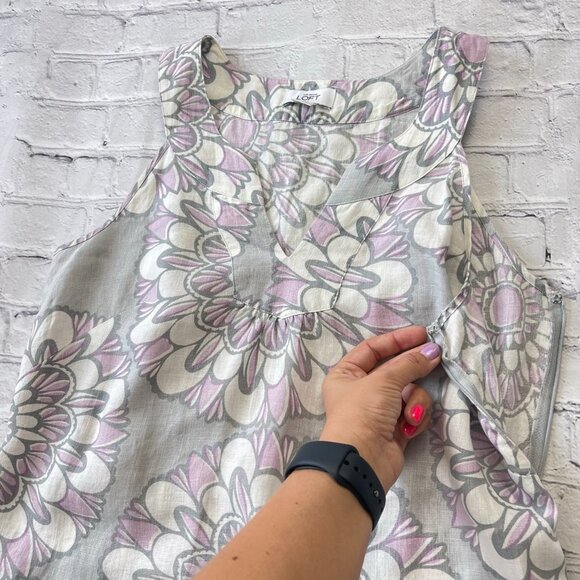 LOFT Factory woman’s 100% Linen Dress Gray Lavender Floral print sleeveless 8 - Picture 5 of 12